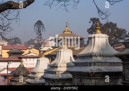 The shrines of the Pandra Shivalaya with the main Pashupatinath Hindu temple behind in Kathmandu, Nepal.  The Pashupatinath Temple is in Nepalese pago Stock Photo