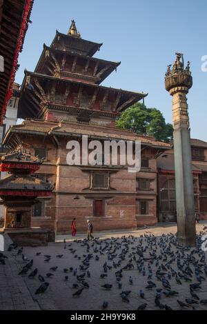 Pigeons around Pratap Malla's Column and the Degutaleju or Degutale Temple, Durbar Square, Kathamandu, Nepal.