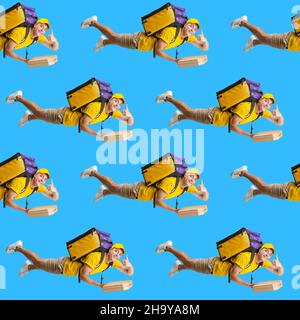 Seamless pattern made of portraits of flying delivery man in yellow uniform with backpack and pizza isolated on blue background. Stock Photo