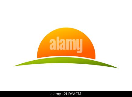Sunset sun icon. Sun setting over green hill. Vector illustration. Stock Vector