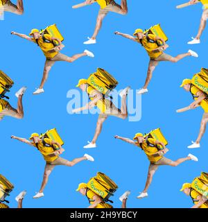 Seamless pattern made of portraits of running delivery man in yellow uniform with backpack isolated on blue background. Stock Photo