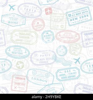 Seamless pattern passport stamps. Subtle colors travel passport stamps vector texture. Seamless fashion print. Stock Vector