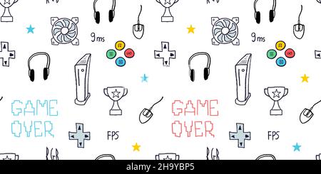 Gaming background seamless pattern. Video game concept vector illustration. Gamer doodle with PC and console gaming equipment. Stock Vector