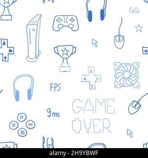 Gaming background seamless pattern. Video game concept vector illustration. Gamer doodle with PC and console gaming equipment. Stock Vector
