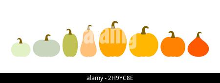 Autumn pumpkins icons colorful varieties collection border. Vector illustration. Stock Vector
