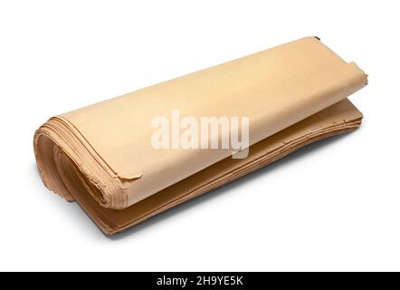 Old Rolled Newspaper with Copy Space Cut Out on White. Stock Photo