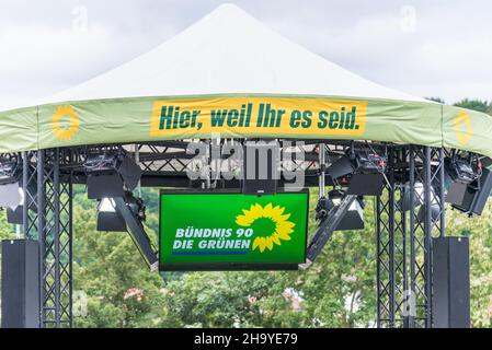 Regensburg, Bavaria, Germany, 18. August 2021, Stage of the campaign appearance of Annalena Baerbock of the German party Buendnis 90 - die Gruenen Stock Photo