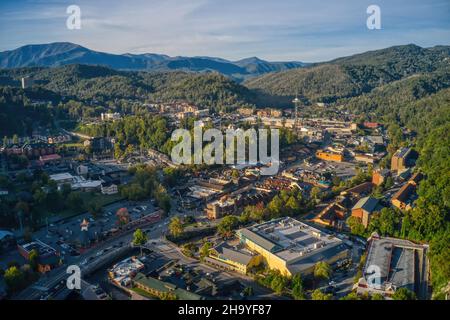 Aerial shot of Gatlinburg in Tennessee in the morning Stock Photo