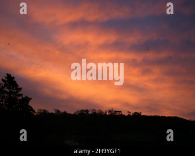 Winter dawn with an iridescent orange sky over a tree lined and silhouetted hill in Somerset, England. The rising sun picks out lines of clouds Stock Photo