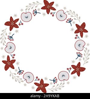 Christmas doodle hand drawn vector wreath floral Poinsettia branch and apples frame for text decoration. Cute Scandinavian style illustration Stock Vector