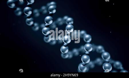 Spiral of silver molecules. Abstract vertical swirling spiral of metal balls on dark isolated background. Genetic spiral of interconnected metal molec Stock Photo