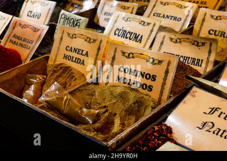 Spices for sale on a market stall in Vic, Catalonia, Spain Stock Photo
