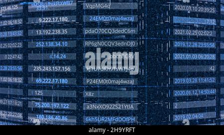 Database with passwords. Animation. Data with IP addresses and