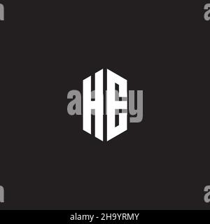 HE Logo monogram with hexagon shape style design template isolated on black background Stock Vector