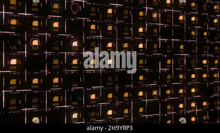 Electronic display with cells and numbers. Animation. Infinite number of cells with folders and numbers in virtual space. Glowing cells with folders a Stock Photo