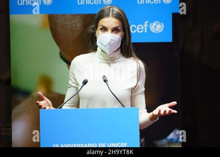 Madrid, Spain. 09th Dec, 2021. Queen Letizia of Spain attends the 75th anniversary of UNICEF at Caixa Forum in Madrid. Credit: SOPA Images Limited/Alamy Live News