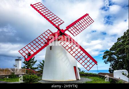 Windmill  Moinho do Pico Vermelho, Ajuda da Bretanha, São Miguel Island, Azores, Açores, Portugal, Europe. Stock Photo