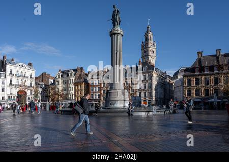 November 4, 2021 - Lille, France: La Grande Place, has a Flemish architecture similar to Belgium. Standing in the center of the squares stands the Goddess as the memory of the Austrian siege in 1792 Stock Photo