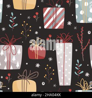 Holiday seamless pattern with colorful minimalistic gift boxes and floral branches. Trendy winter vector background for wrapping paper, fabric Stock Vector