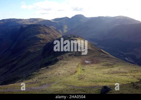 Looking down on the Summit of 'Seat' from the Path up to the Wainwright 'High Crag' in Buttermere, Lake District National Park, Cumbria, England, UK. Stock Photo