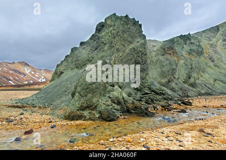 Green copper exposed in the Graenagil canyon at Landmannalaugar in the Fjallabak Nature Reserve, Sudurland in the Highlands of Iceland Stock Photo