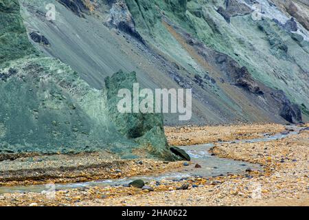 Green copper exposed in the Graenagil canyon at Landmannalaugar in the Fjallabak Nature Reserve, Sudurland in the Highlands of Iceland Stock Photo