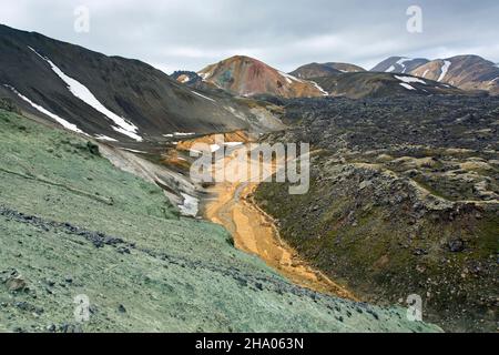 Green copper exposed in the Graenagil canyon at Landmannalaugar in the Fjallabak Nature Reserve, Sudurland in the Highlands of Iceland Stock Photo