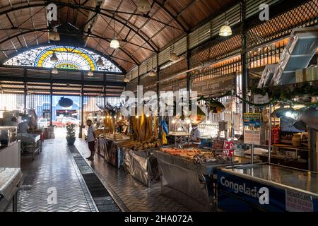 Beautiful interior architecture of the Adolpho Lisboa Municipal Market, Mercadao and products for sale in the city of Manaus, Amazonas, Brazil. Stock Photo