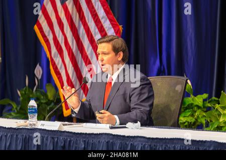 Florida Governor Ron DeSantis speaking and analyses situation with coronavirus pandemic in Florida state. FIU press conference. Stock Photo