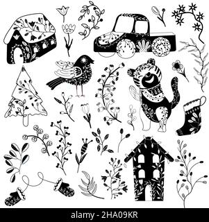 Cozy Black and white Christmas collection, Folk Tiger, bird, berries, Tree, Christmas Truck, Christmas Houses, tree branches. Winter greeting card. Vector icons Stock Vector