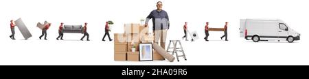 Mature man with a pile of cardboard boxes and workers from a removal company with a van isolated on white background Stock Photo