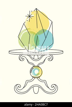 Vector bright lineart sketch blue yellow green quartz crystal on a stand. Pixiecore and fairycore Stock Vector