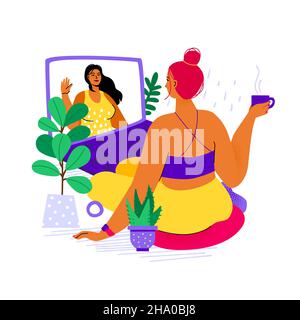 Video call - colorful flat design style illustration. Two female friends chatting online. Remote communication, life during pandemic, keep distance, s Stock Vector
