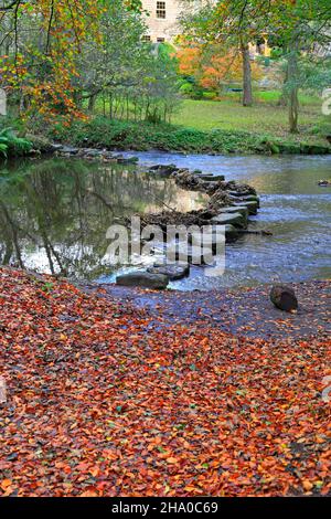 Stepping stones across the River Don on the Upper Don Trail, Forge Woods, Wortley near Barnsley, South Yorkshire, England, UK. Stock Photo