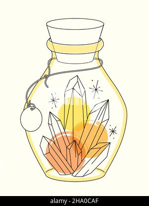 Vector bright lineart sketch quartz crystals in yellow glass bottle. Pixiecore and fairycore Stock Vector