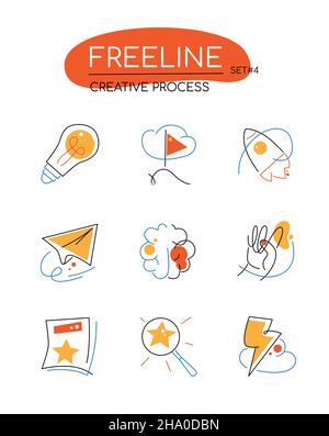 Creative process - modern colorful line design style icons set on white background. Detailed isolated images in orange color. Thinking outside the box Stock Vector