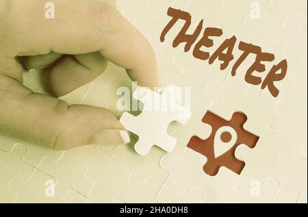 Writing displaying text Theater. Word Written on building or outdoor area in which plays and dramatic performances Building An Unfinished White Jigsaw Stock Photo