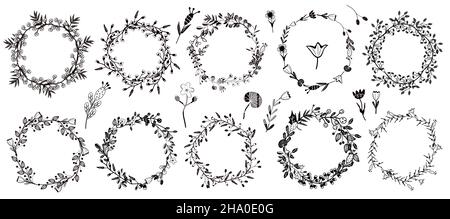 Collection Scandinavian Floral wreaths. Botanical wildflowers. Black and white Wreaths from different branches with flowers, berries. Vector illustration. Stock Vector