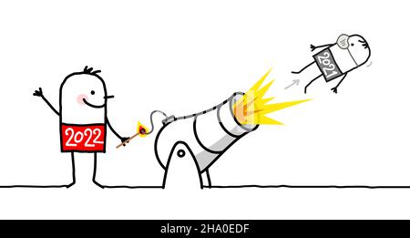 Hand drawn Cartoon 2022 Man with a Cannon and Fire, and a small ejected 2021 guy with mask Stock Vector