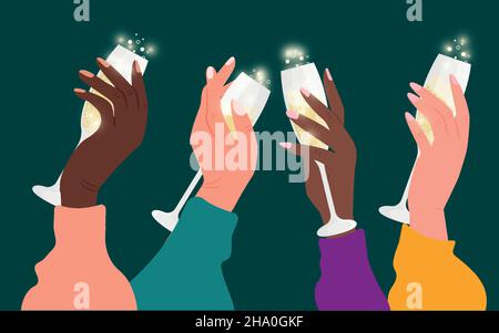 Festive illustration of four female hands holding champagne glasses. Stock Vector