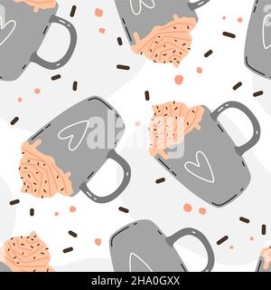 Hot winter drink with pink whipped cream in a grey mugs. Vector seamless pattern Stock Vector