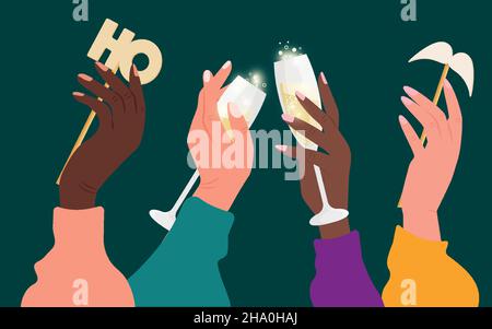 Happy New Year 2022 with glasses and champagne. Christmas decor Stock Vector
