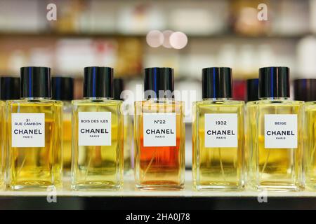 Bottles of Coco Chanel luxury perfume, including Number 22 and