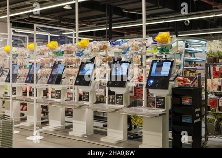 Interior of Marks and Spencer with self-checkout machines at M&S. Stock Photo