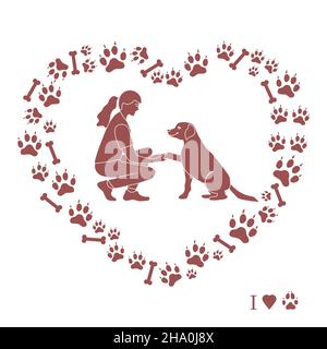 Vector illustration Woman and labrador playing together Dog gives paw on background of dog tracks, bones in the shape of heart Owner teaching pet comm Stock Vector