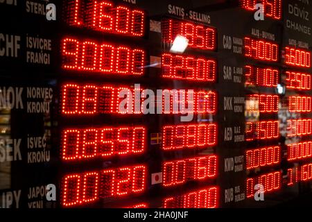 Money exchange rates digital board with red numbers Stock Photo