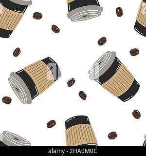 Vector seamless pattern with black paper cups of coffee and coffee beans Stock Vector