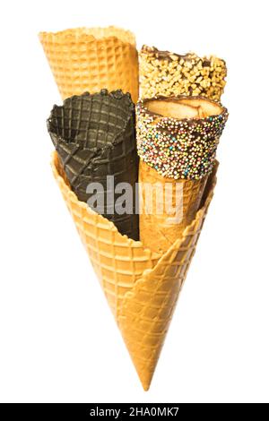 Ice cream cones, blank, ice, crunchy, waffle, chocolate, white background, bag, several, scoop, cone, sweet, icecream, ice cream, many, black, sugar p Stock Photo