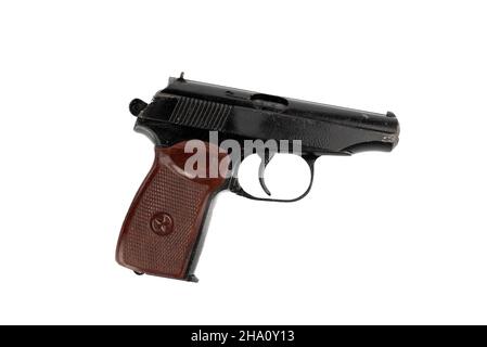 Used makarov pistol isolated on white background. The main weapon of the Soviet militia and the Russian police. Stock Photo