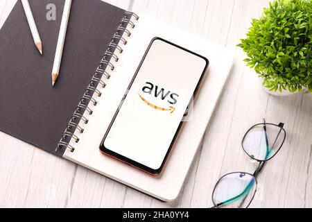 West Bangal, India - December 05, 2021 : Amazon Web Services logo on phone screen stock image. Stock Photo